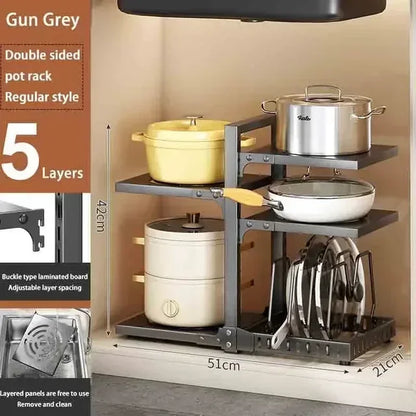 Multilayer Kitchen Under Sink Pot Holder Adjustable Frying Pan Rice Cooker Seasoning Storage Rack Metal Organizer Pot Rack