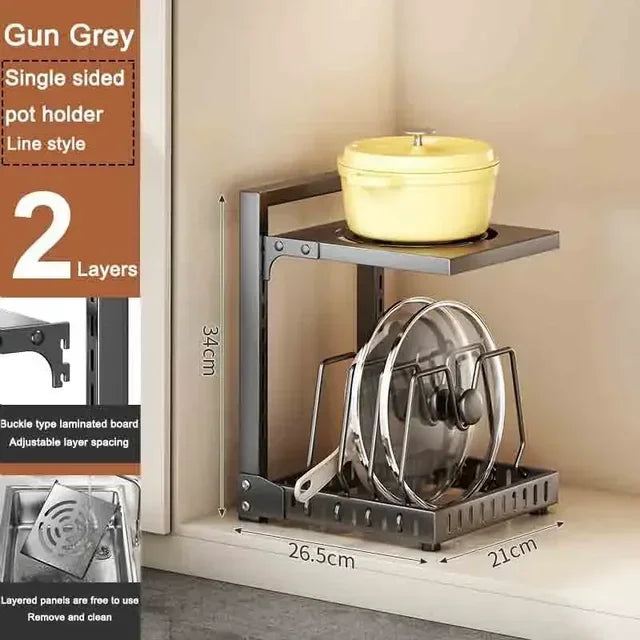 Multilayer Kitchen Under Sink Pot Holder Adjustable Frying Pan Rice Cooker Seasoning Storage Rack Metal Organizer Pot Rack