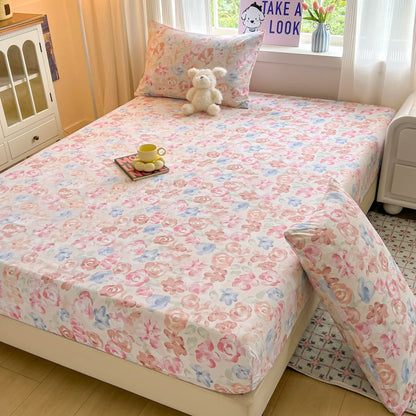 Floral Bed Sheets Set Fitted Sheet Non Slip Bedspread With Elastic Band Mattress Cover (With 1-2 Pillowcases) Double Bed Sheets