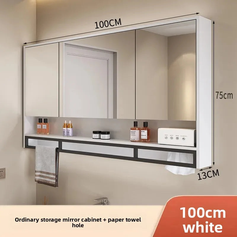 Bathroom Mirror Cabinet Wall Mounted LED Waterproof Aluminum Medicine Cabinet with Storage Shelf Towel Rod for Home Bathroom