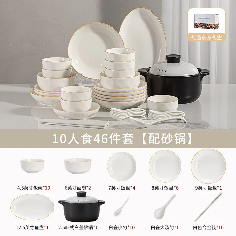 korean style white plates dinner sets ceramic gold rim 8 person dinner sets full set Casserole vajillas completa Bowl set