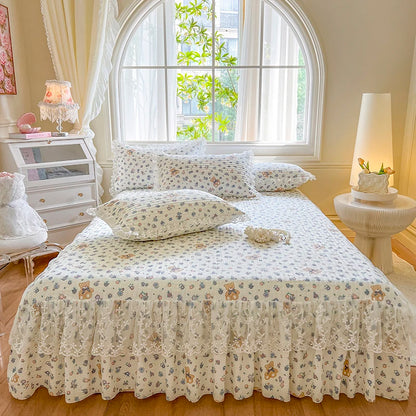 Princess 1 Piece Lace Bed Skirt + 2 Piece Pillowcases Bedding Bedspreads Sheet Pink Lace Bedding Set Bed For Girl Bed Cover