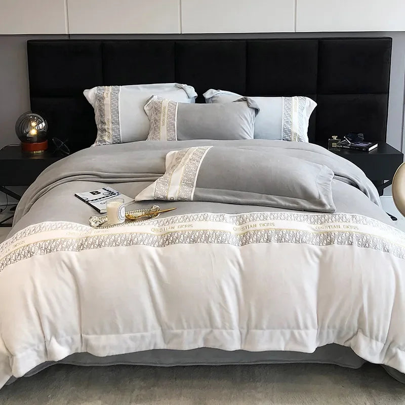 Four-piece set of thickened warm color matching simple autumn  winter sheets light luxury embroidery thickened mattress bedding