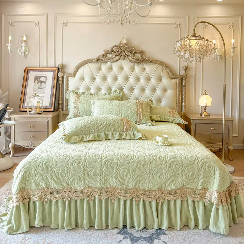3/5Pcs Luxury Velvet Fleece Lace Ruffles Quilted Bedspread, Mattress Cover, Bed Skirt, Bed Sheet Set, With Pillowcases