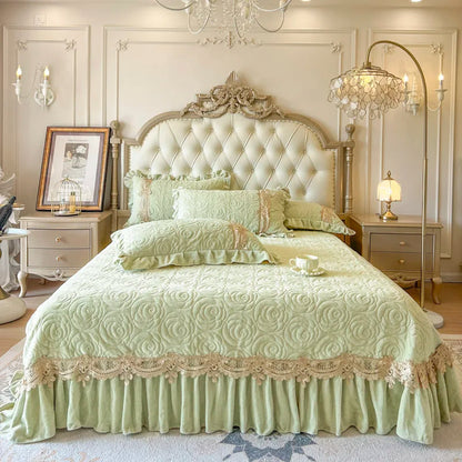 3/5Pcs Luxury Velvet Fleece Lace Ruffles Quilted Bedspread, Mattress Cover, Bed Skirt, Bed Sheet Set, With Pillowcases