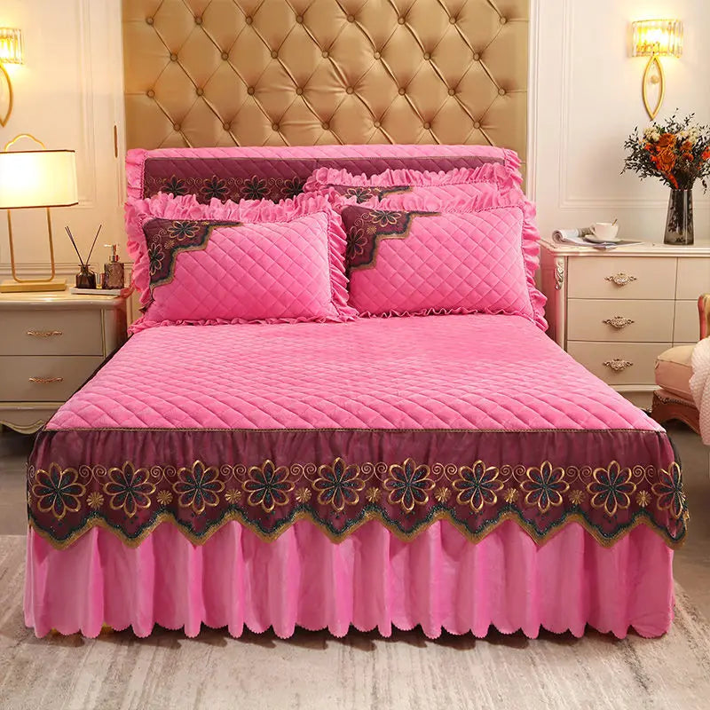 European Luxury Quilted Bed Skirt Winter Warm Thicken Velvet Bedspread King Good Hand Feeling Bed Skirt Not Included Pillowcase