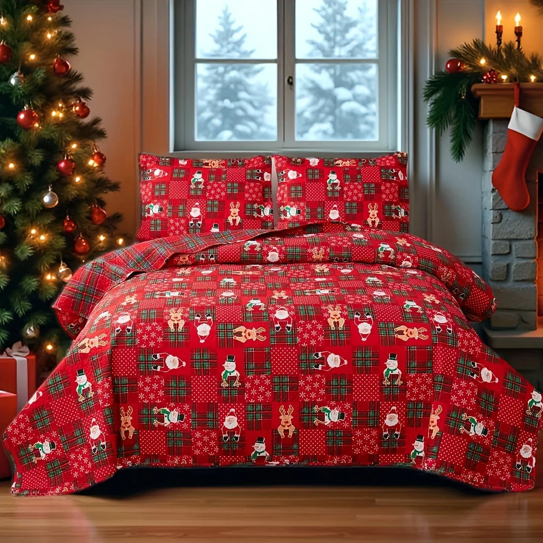 Christmas Quilt Cover Set Twin/Queen/King Size - Soft 100% Microfiber Lightweight Bedspread Coverlet with Festive Reindeer