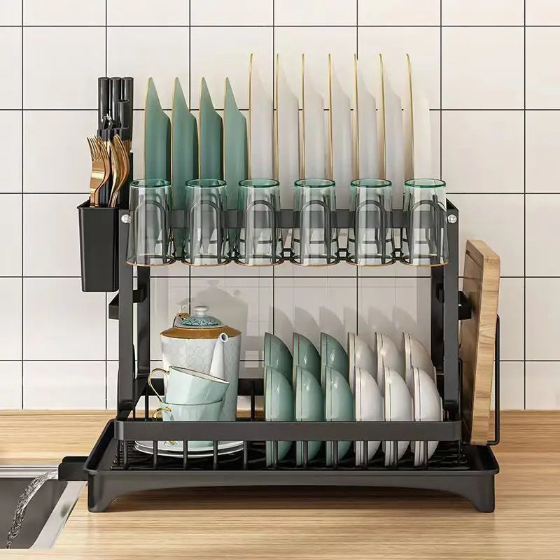 Dish Drainer Rack, Double-Layer Tray Storage Rack, Sturdy and Durable Cutting Board Rack and Utensil Rack, Can Be Used to Hold Cups, Pots, and Chopsticks, Suitable for Home Kitchens.