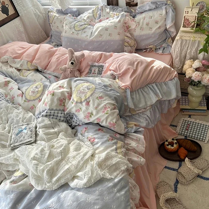 2025 new Korean Princess Style Floral Ruffles Bedding Set Skin-friendly Soft Duvet Cover Set Bed Sheet Or Bed Skirt Pillowcases