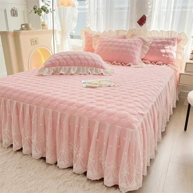 Full-set quilt cover bed skirt four-piece warm winter milk velvet bedspread 4-piece coral velvet bedspread