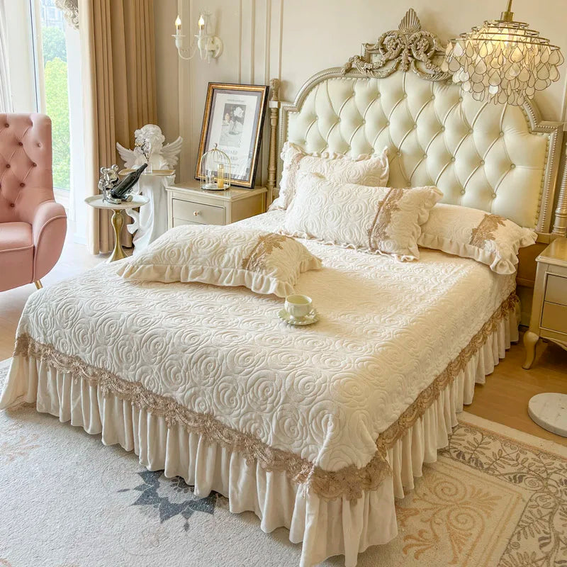 3/5Pcs Luxury Velvet Fleece Lace Ruffles Quilted Bedspread, Mattress Cover, Bed Skirt, Bed Sheet Set, With Pillowcases