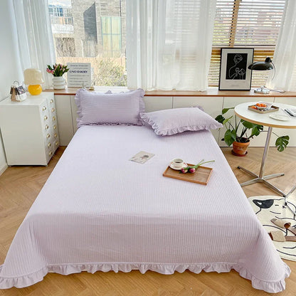 Korean Style Quilted Double Bed Cover and Pillowcase 100% Cotton Ruffles Comfortable Queen Size Bedspread Set Soft Home Coverlet
