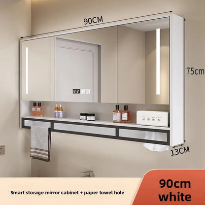 Bathroom Mirror Cabinet Wall Mounted LED Waterproof Aluminum Medicine Cabinet with Storage Shelf Towel Rod for Home Bathroom