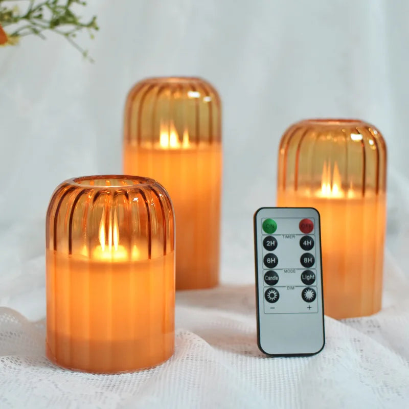 Flameless Candles with Remote, Set of 3 Glass Jar LED Candles  Φ 3" H 4" 5" 6", Candlelight for Home Fall Halloween Party Decor