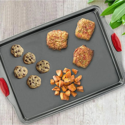 3-Piece Nonstick Kitchen Oven Baking Pans Premium Non-Stick Steel with Red Silicone Handles Restaurant Quality & Easy to Clean