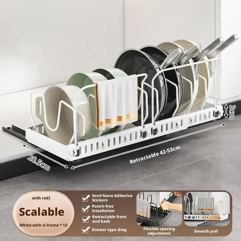 Pots and Pans Organizer Under Cabinet Sliding Pot Lid Storage Holder Kitchen Adjustable Slide Out Dish Pan Storage Rack Shelf