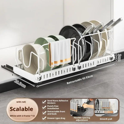 Pots and Pans Organizer Under Cabinet Sliding Pot Lid Storage Holder Kitchen Adjustable Slide Out Dish Pan Storage Rack Shelf