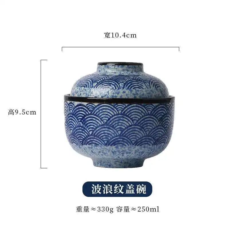 Wave Pattern Tableware Stew Bowl Ceramic Dessert Bowl With Cover Cup Spoon