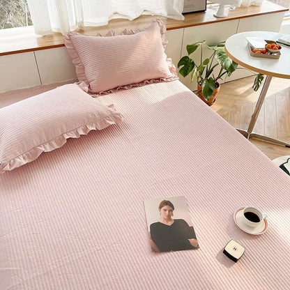 Korean Style Quilted Double Bed Cover and Pillowcase 100% Cotton Ruffles Comfortable Queen Size Bedspread Set Soft Home Coverlet