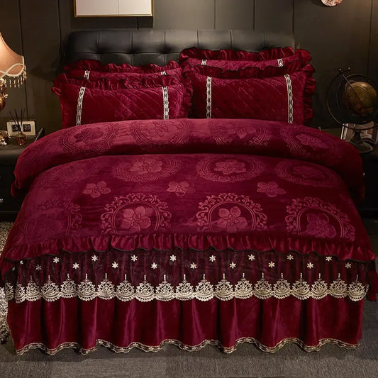 AI WINSURE-Europe Lace Velvet 4pcs Bedding Set, Embossed Duvet Cover, Quilted Bedspread, Soft, with 2 Pillowcases, for Winter