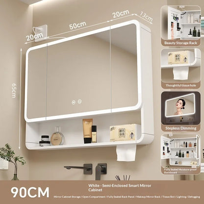 Bathroom Mirror Smart Storage Cabinet LED Light Wall Mounted Rounded Corner Anti Fog Furniture Vanity Mirror Medicine Cabinet