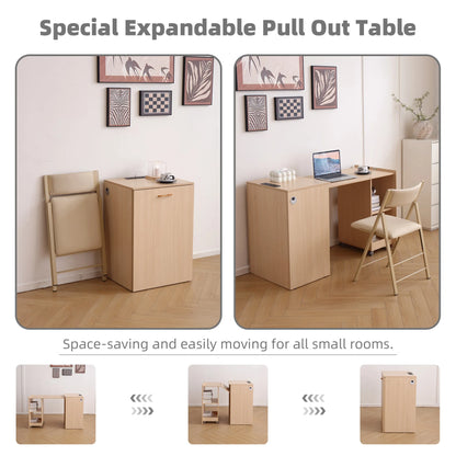 Modern Wooden Folding Desk with Power Outlet, Storage Shelves & Wheels - Extendable Mobile Writing Table for Home Office