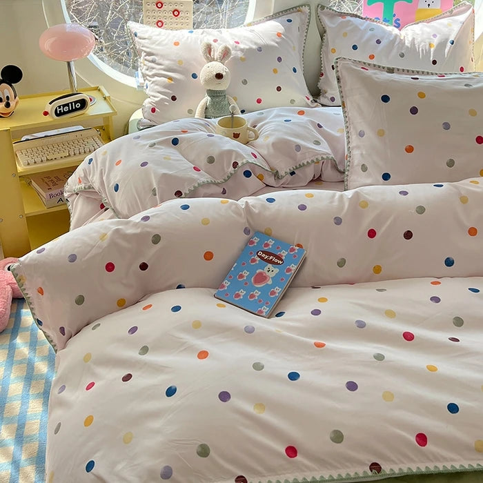 Korean Floral Style Bedding Set Washed Cotton Bed Flat/Fitted Sheets Set Duvet Cover Bed Linen Pillowcase Full Double Queen King