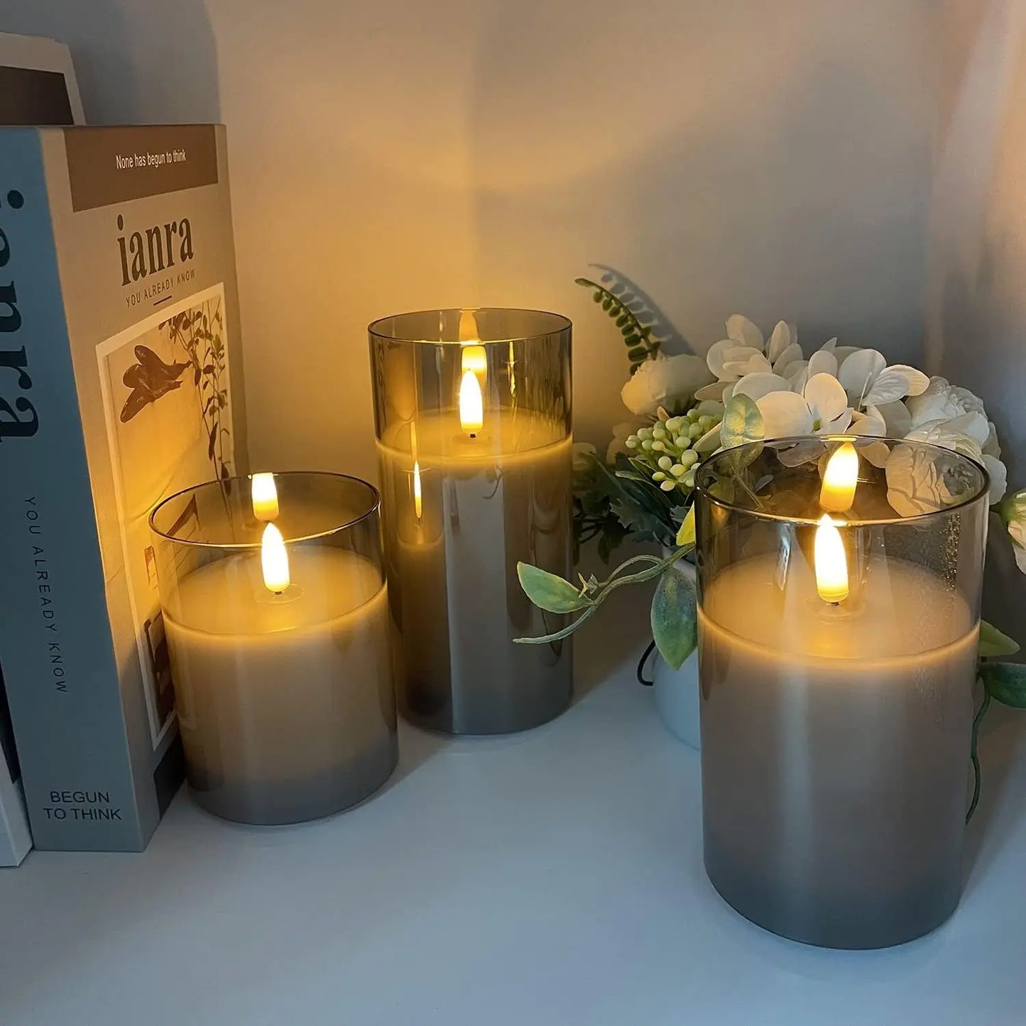Set of 3 Flameless Rechargeable LED Candles Flickering Remote control w/charging cable Ivory/Gold/Gray Glass pillar candle lamp