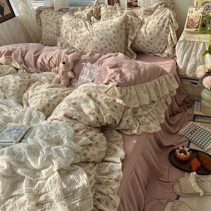 2025 new Korean Princess Style Floral Ruffles Bedding Set Skin-friendly Soft Duvet Cover Set Bed Sheet Or Bed Skirt Pillowcases
