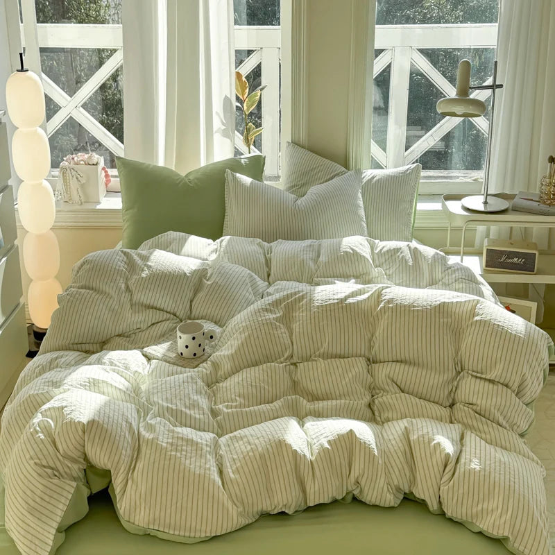 Ins Stripes 100% Washed Cotton Bedding Set with Pillowcase Bed Sheet Quilt Cover Single Double King Queen Size Duvet Cover Set
