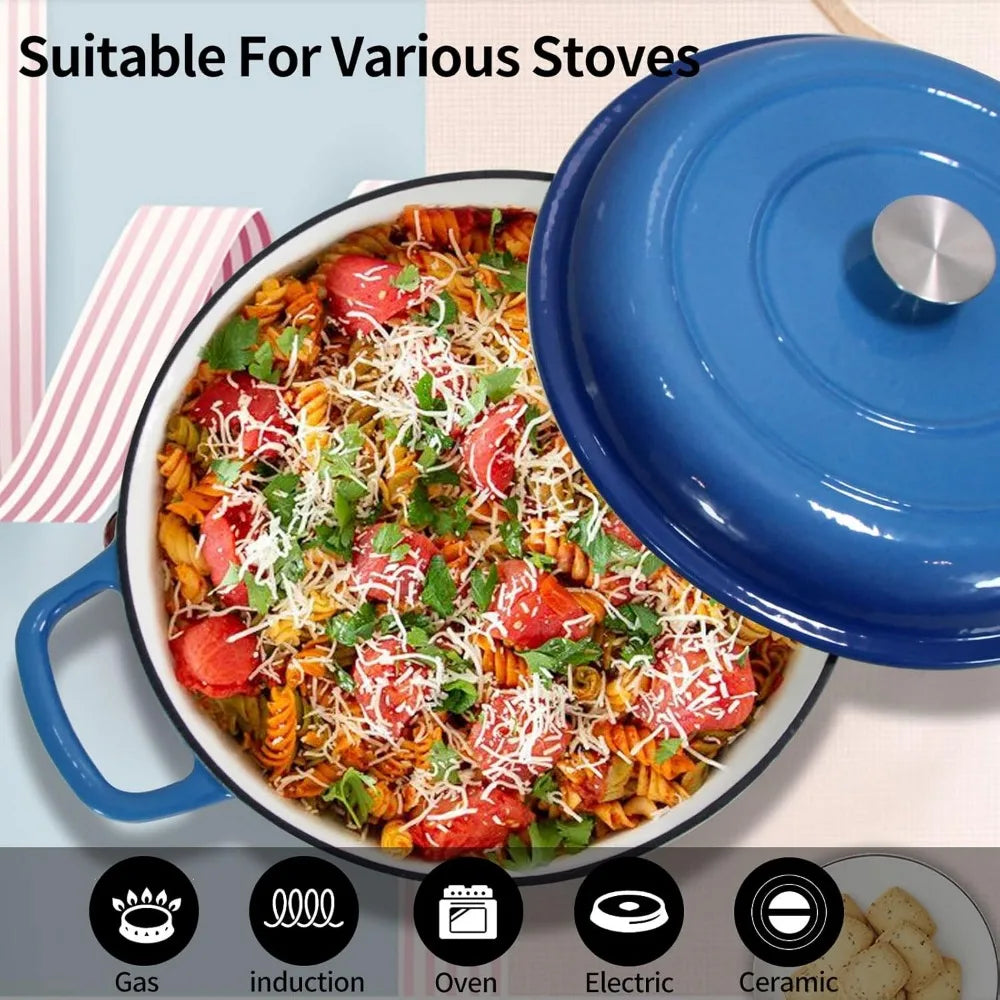 Enameled Cast Iron Dutch Oven 3.8 Quart Pot with Lid - Blue Heavy Duty Dual Handled Skillet - Ideal Family or Friend Gift