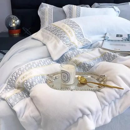 Four-piece set of thickened warm color matching simple autumn  winter sheets light luxury embroidery thickened mattress bedding