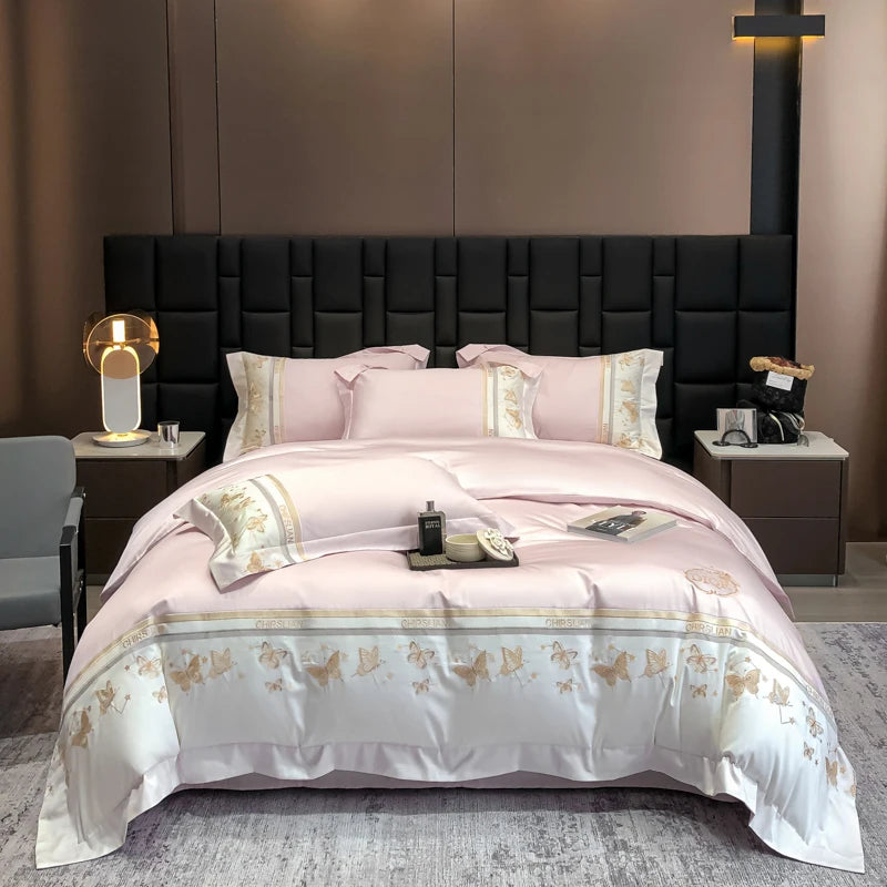 100% Cotton Bedding Set Luxury Golden Butterfly Embroidery Quilt/Duvet Cover Fitted Bed Sheet Sets Pillowcases Home Textile
