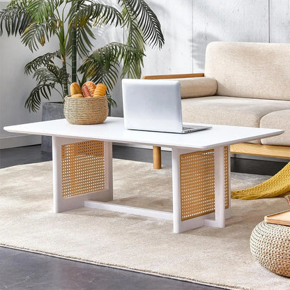 Solid Wooden Coffee , Modern Small Rattan Coffee Table with 2-Tier Storage Shelf, Rectangle Tea with Tempered Glass T