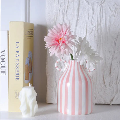 Nordic Ins Style Striped Double Ear Ceramic Vase Hydroponic Flower Planter Ornament