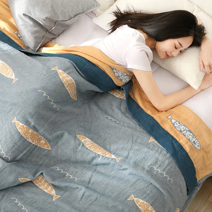 Textile City Ins Leaf Fish Comforters 5 Layer Cotton Gauze Towel Blanket Home Bed Quality Bedspread 200x230cm