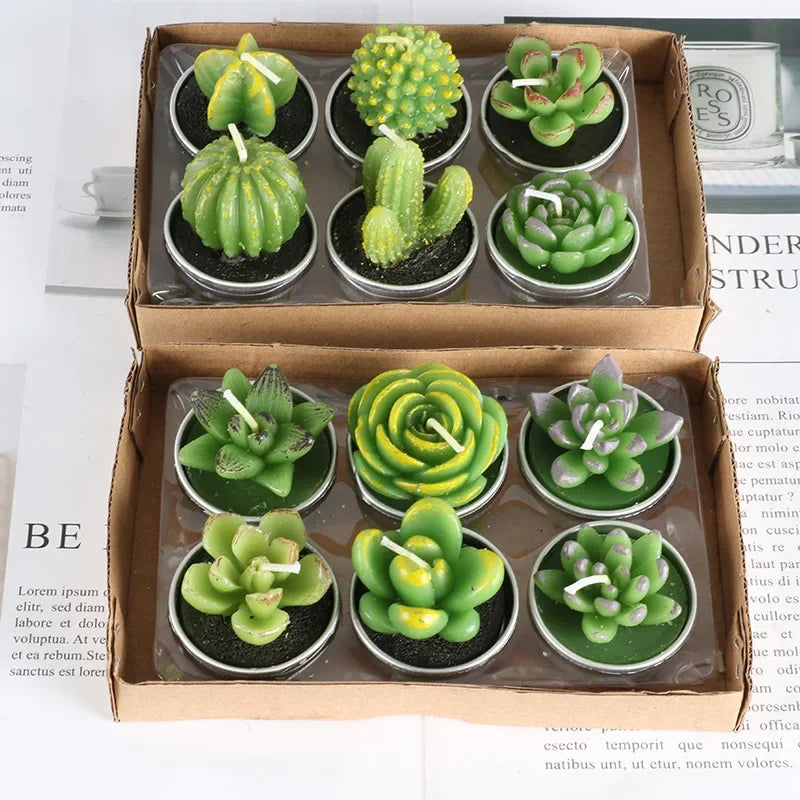 12pcs Mini Cactus Candles Succulent Greenery Candles Flameless Tea Light Candles Suitable for Party Wedding Home Decoration