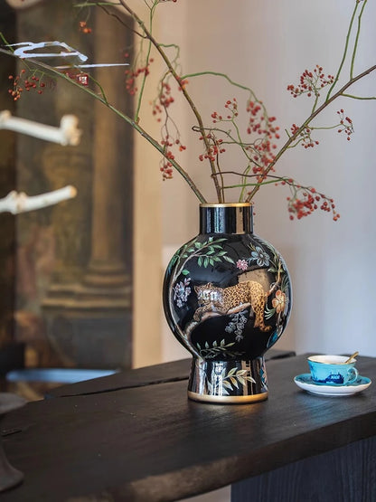 "Lucky Leopard" vase decoration retro high-end flower arrangement ceramic medieval ornaments new Chinese style