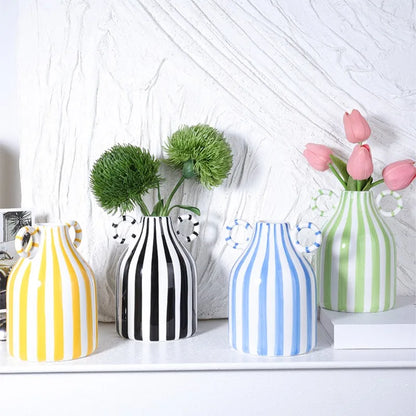 Nordic Ins Style Striped Double Ear Ceramic Vase Hydroponic Flower Planter Ornament