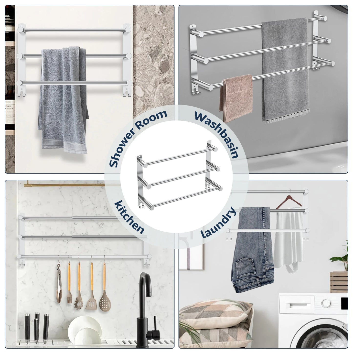 Bathroom 3 Tier Towel Shelf Stainless Steel Towel Rack with Bar Space Saving Towel Hangers Bath Storage Wall Mounted Organizer