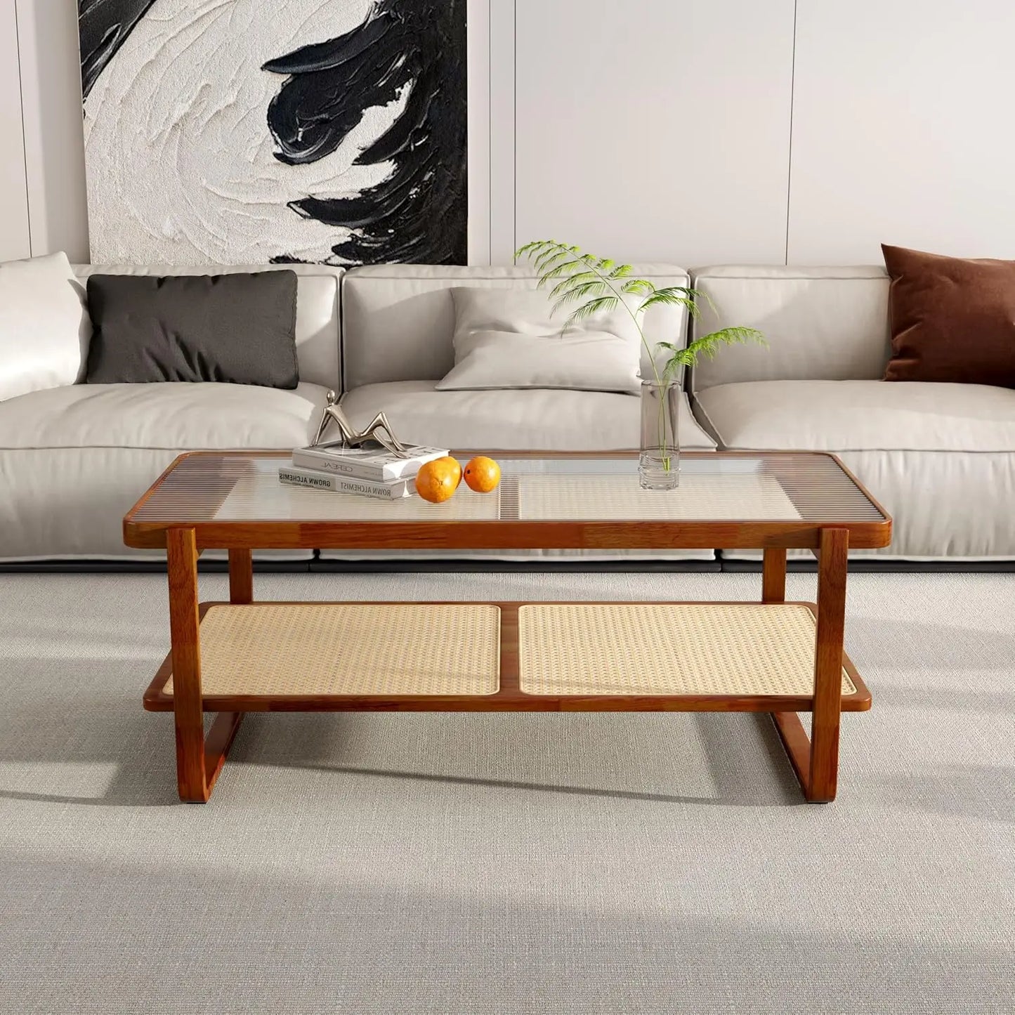 Solid Wooden Coffee , Modern Small Rattan Coffee Table with 2-Tier Storage Shelf, Rectangle Tea with Tempered Glass T