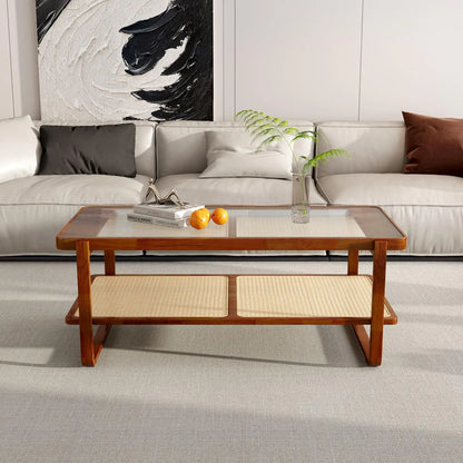 Solid Wooden Coffee , Modern Small Rattan Coffee Table with 2-Tier Storage Shelf, Rectangle Tea with Tempered Glass T