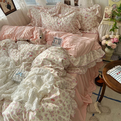 3/4Pcs Korean Princess Style Floral Ruffles Bedding Set Skin-friendly Soft Duvet Cover Set Bed Sheet Or Bed Skirt Pillowcases