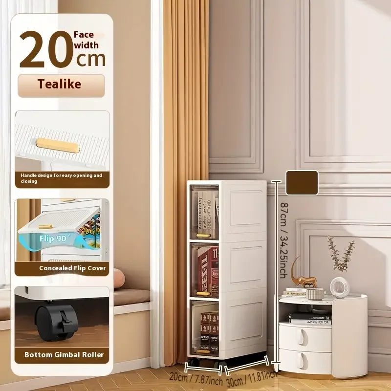 20cm Slim Storage Cabinet, 3/4/5-Tier Narrow Rolling Organizer with Wheels, Space-Saving Shelf  White Multi-Purpose Storage