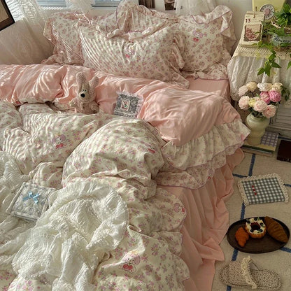 2025 new Korean Princess Style Floral Ruffles Bedding Set Skin-friendly Soft Duvet Cover Set Bed Sheet Or Bed Skirt Pillowcases