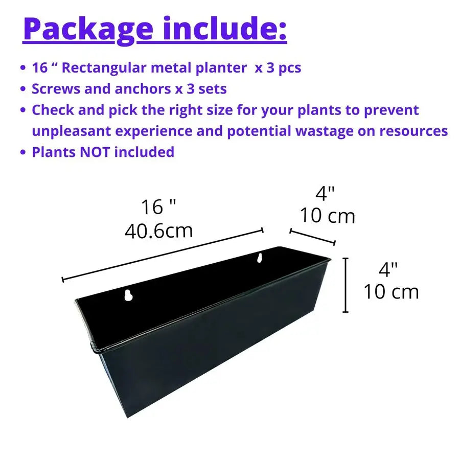 Indoor Wall Planter 3 Pack, 16 Inch Large Wall Mounted Succulent Planters, Black Rectangular Metal Hanging Flower Pot, Long Wind