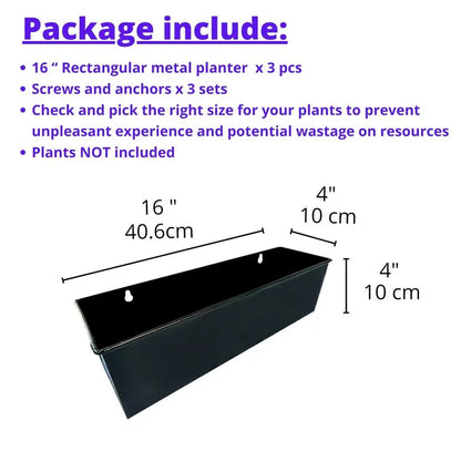 Indoor Wall Planter 3 Pack, 16 Inch Large Wall Mounted Succulent Planters, Black Rectangular Metal Hanging Flower Pot, Long Wind