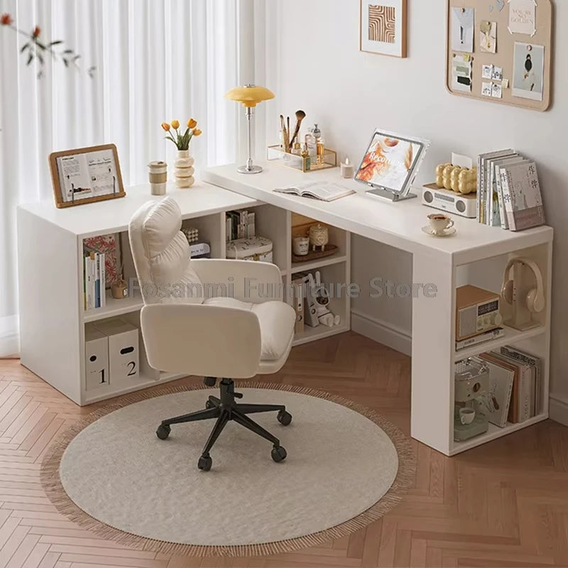 Multifunctional Adjustable White Desk with Storage Cabinet Modern Extendable Table for Bedroom Office Room Simple Corner Desks