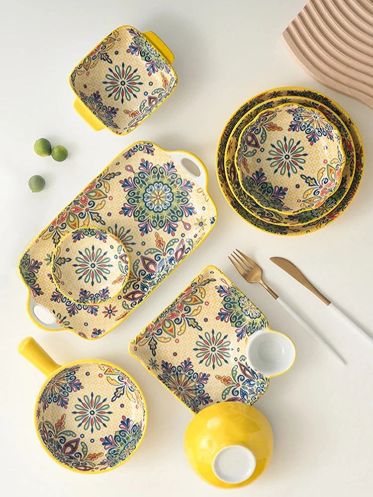 Ceramic Tableware Set Rice Bowl Serving Plate Creative Cutlery Soup Plate Noodle Handle Bowl Sauce Dish Steak Salad Fruit Plate