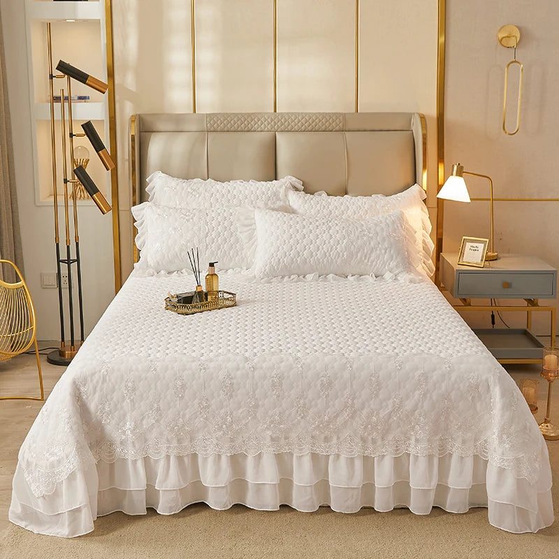 Solid Color Thicked Quilted lace Bed Skirt European Style 245x250cm Coverlet Bed Cover Bed Linen Solid Color King Queen Size